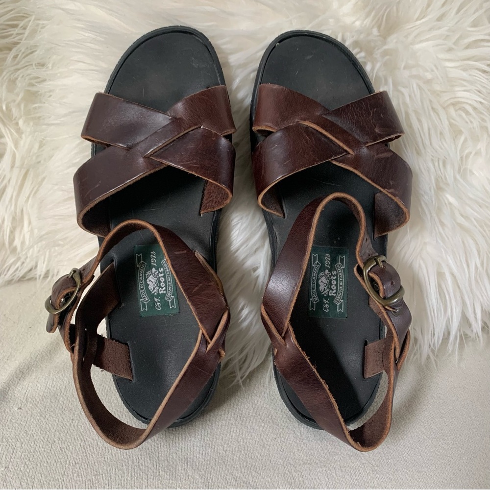 Vintage Roots Woven Brown Leather Buckle Sandals